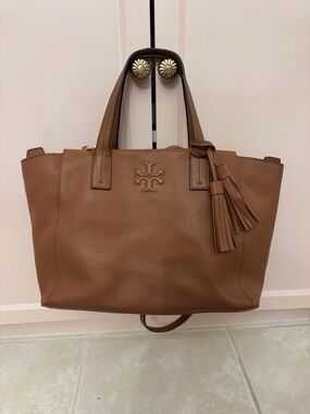 Tory Burch Cognac Pebbled Leather Tote with Tassel